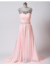 Beaded Blush Pink Ruched Chiffon V Back Prom Dress